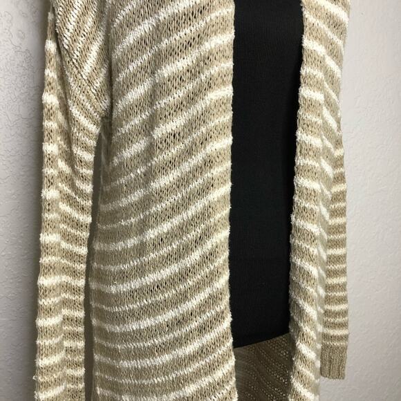 Soft Surroundings tan cream striped knit open front long cardigan sweater Small - Picture 3 of 14